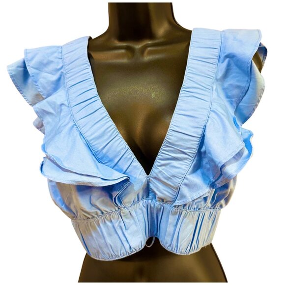 Abercrombie & Fitch Top Small Blue Ruffle V-Neck Cropped Romantic Boho - Picture 1 of 8